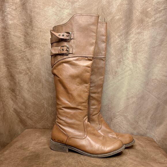 Steve Madden Ortis Calf High Leather Tan Buckle Boots Zip Up Round Toe Women's 9 - Picture 1 of 10